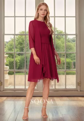 A Line Bateau Chiffon Pleats Burgundy Mother of the Bride Dress with Jacket for Wedding