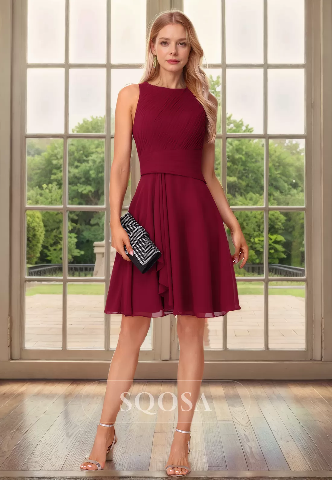 A Line Bateau Chiffon Pleats Burgundy Mother of the Bride Dress with Jacket for Wedding