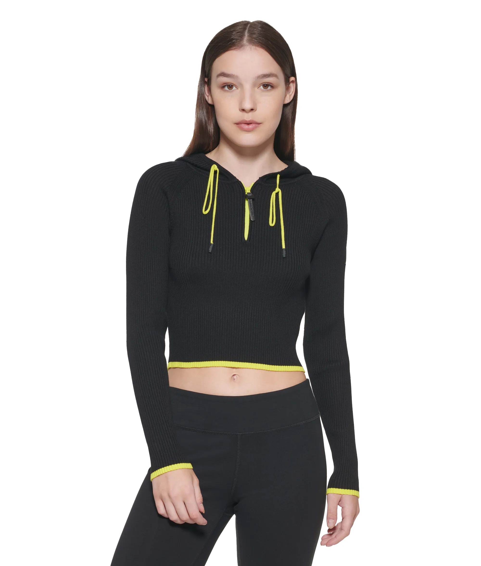 Cropped Half Zip Hoodie – Black/Lime