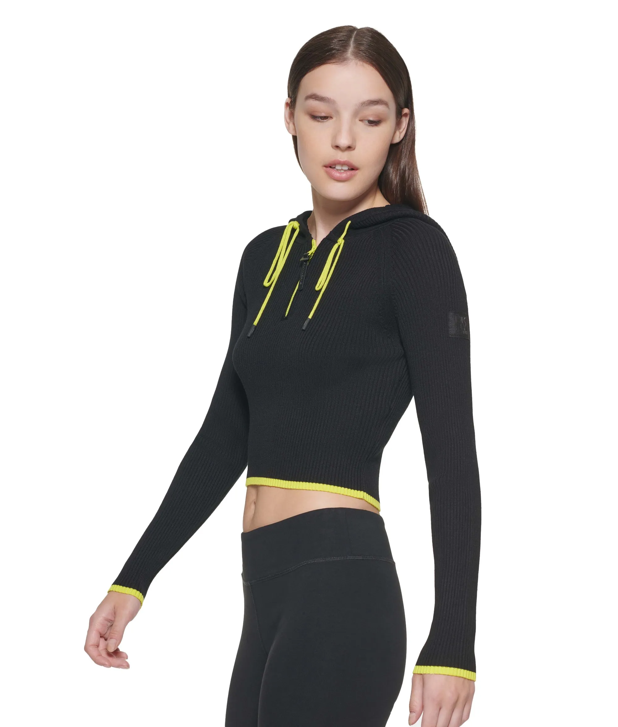 Cropped Half Zip Hoodie – Black/Lime