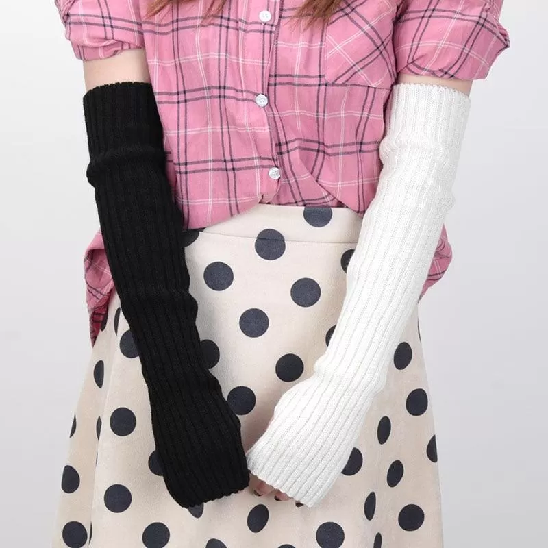 Fine Long Knitted Fingerless Gloves Over Elbow Arm Soft Goth