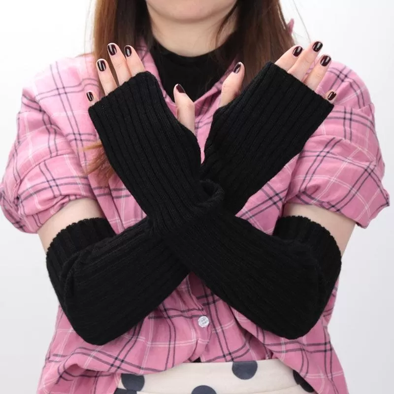 Fine Long Knitted Fingerless Gloves Over Elbow Arm Soft Goth