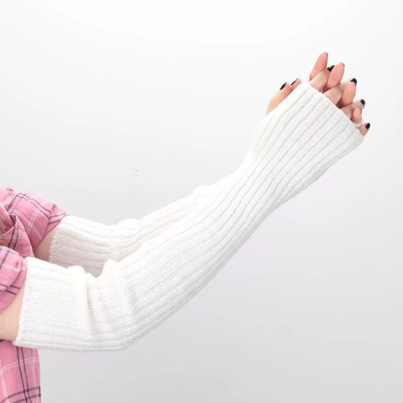 Fine Long Knitted Fingerless Gloves Over Elbow Arm Soft Goth