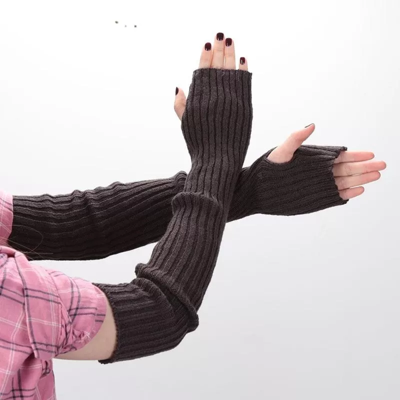 Fine Long Knitted Fingerless Gloves Over Elbow Arm Soft Goth