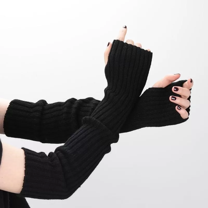 Fine Long Knitted Fingerless Gloves Over Elbow Arm Soft Goth