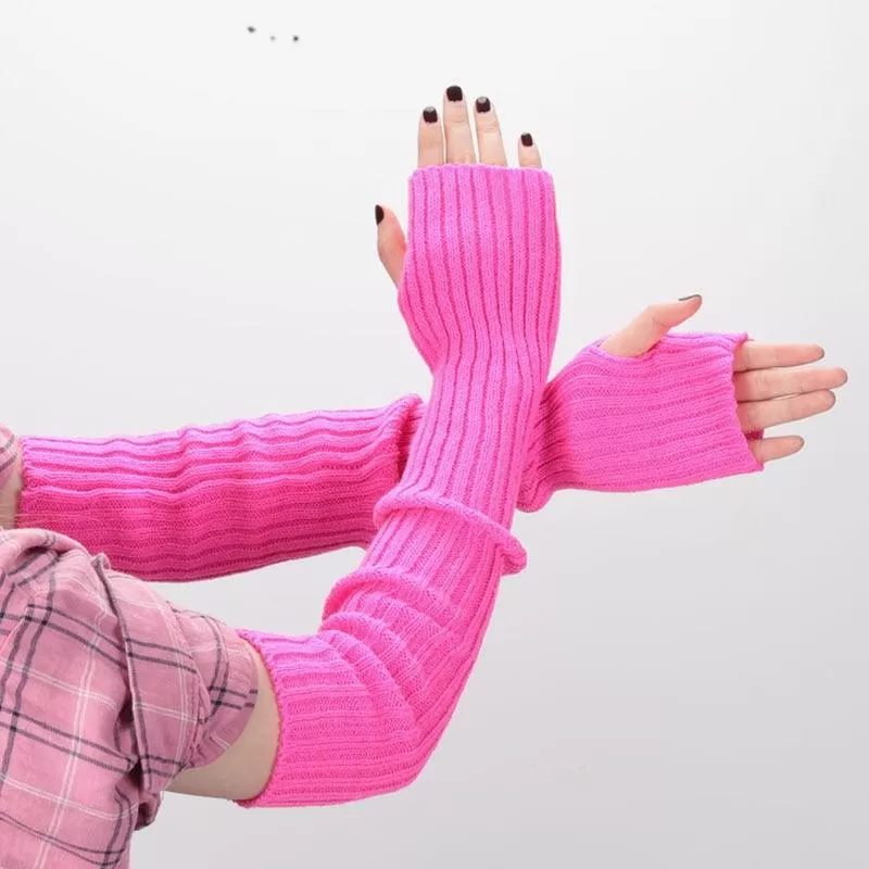 Fine Long Knitted Fingerless Gloves Over Elbow Arm Soft Goth