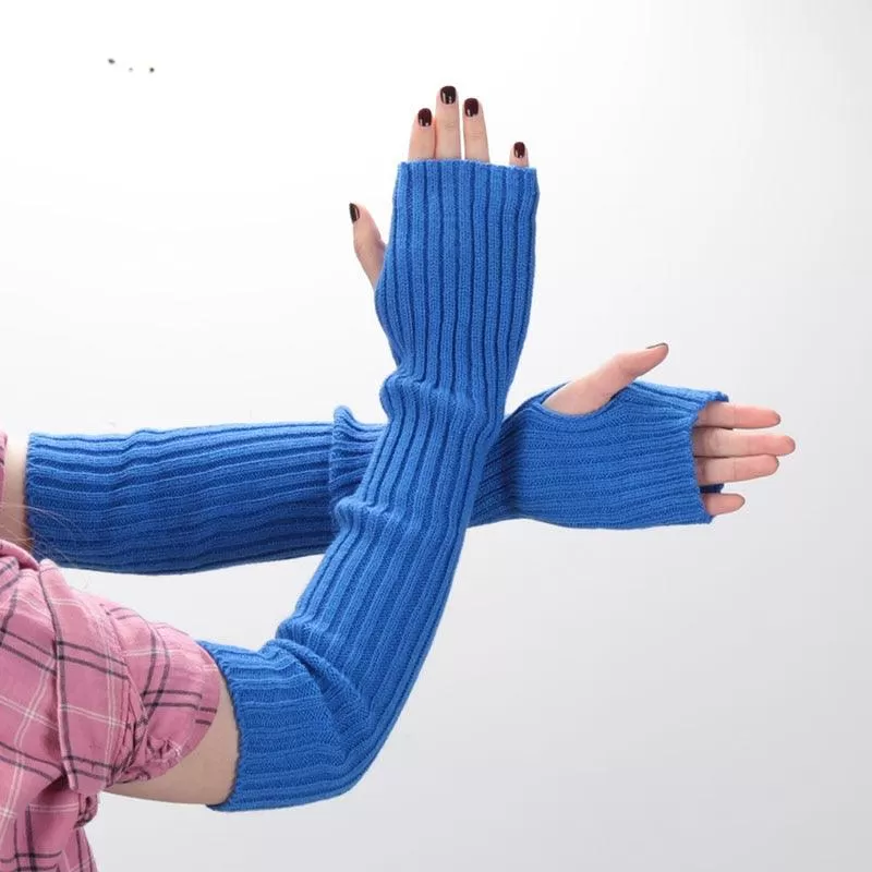 Fine Long Knitted Fingerless Gloves Over Elbow Arm Soft Goth