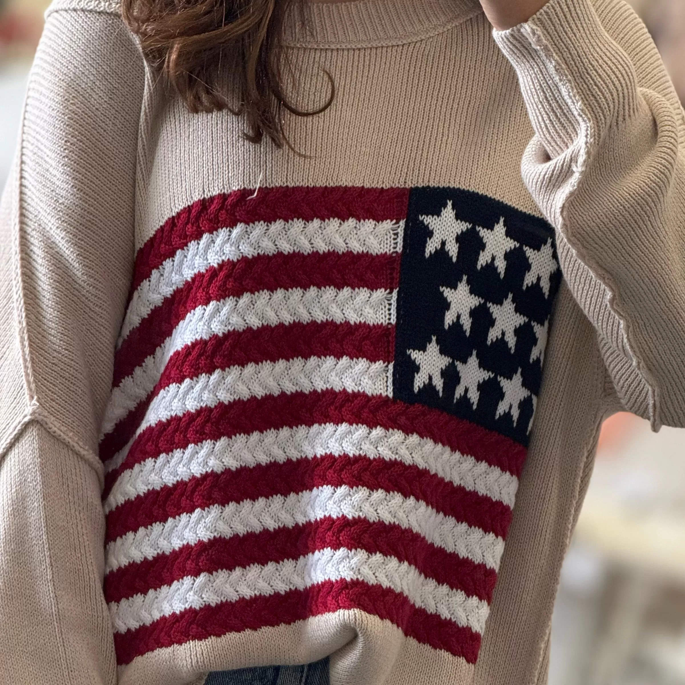 Flag Crochet Knit Sweater Taupe