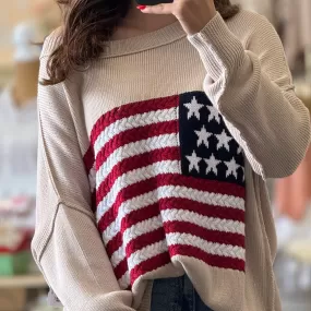 Flag Crochet Knit Sweater Taupe