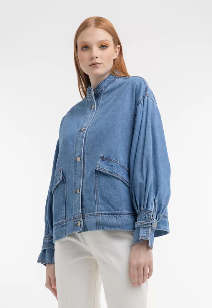 Front Pockets Denim Textured Outer Jacket