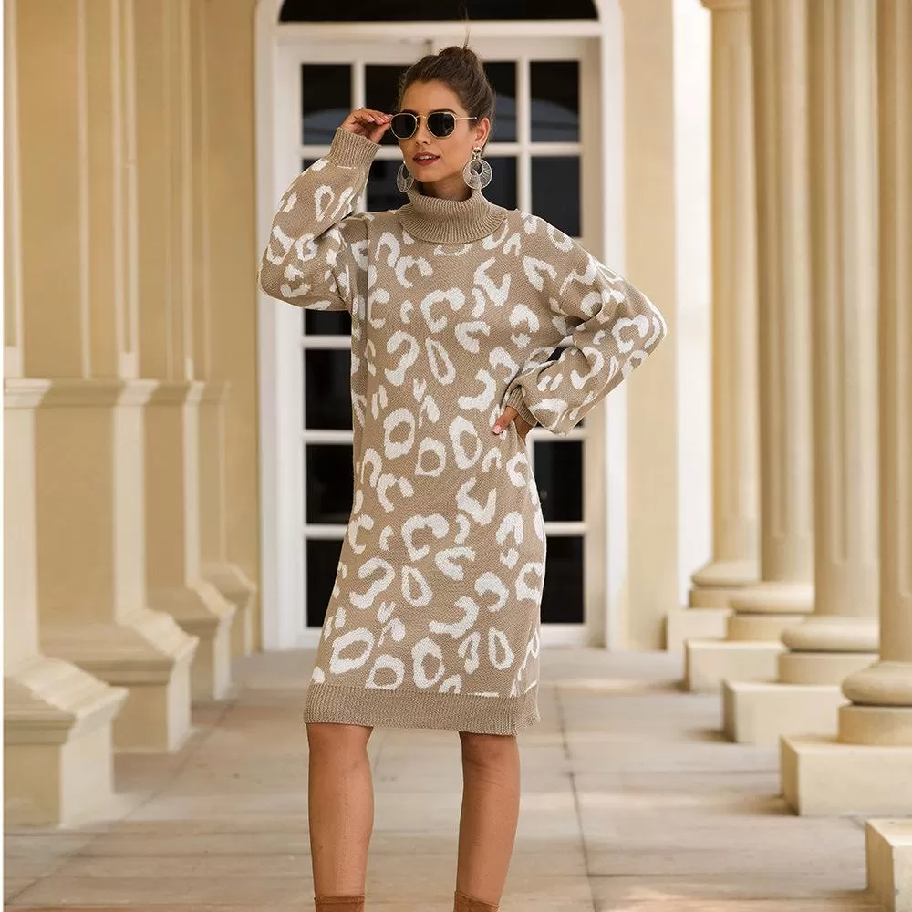 Haute Edition Women's Leopard Print Thick Knit Turtleneck Balloon Sleeve Sweater Dress