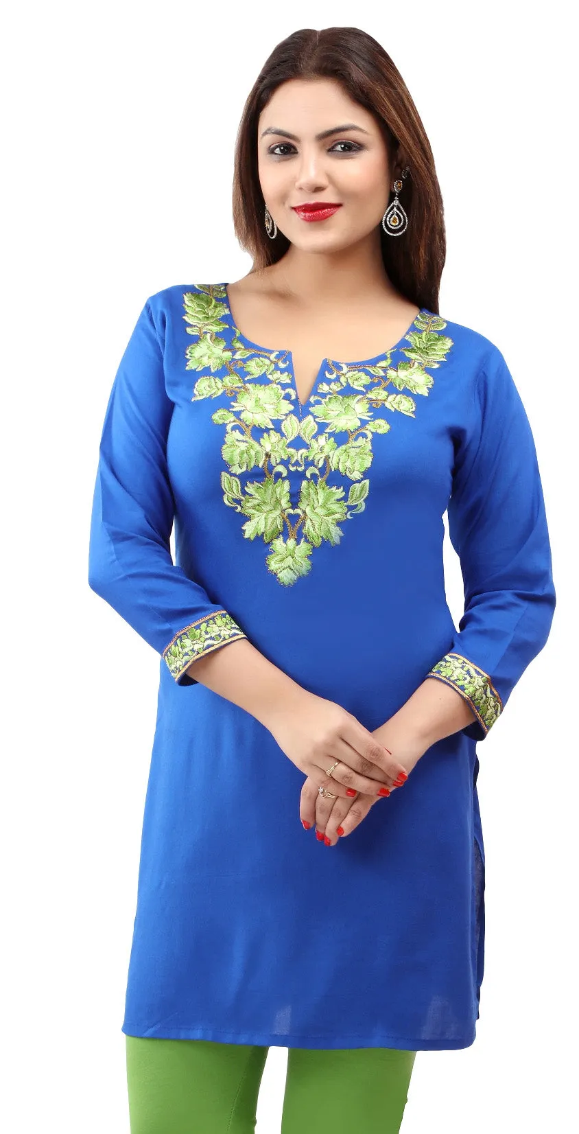 India Women's Tunic Top Kurti Embroidered Indian Clothing (Blue)