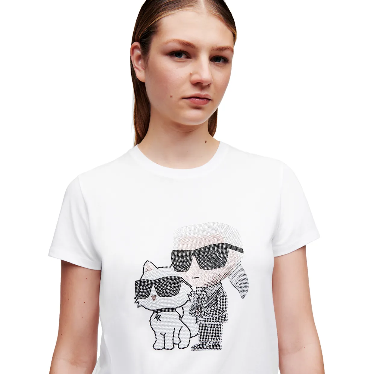 Karl Ikonik Rhinestone Karl and Choupette T-Shirt -White