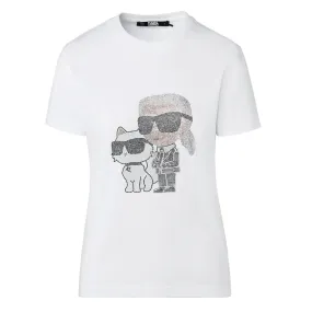 Karl Ikonik Rhinestone Karl and Choupette T-Shirt -White