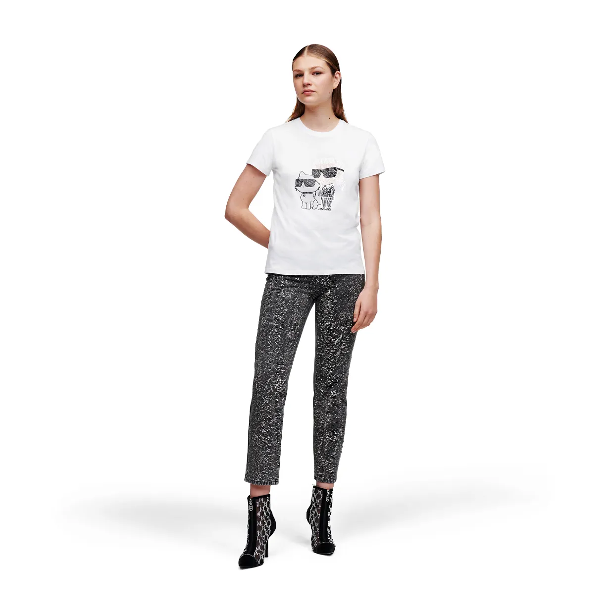 Karl Ikonik Rhinestone Karl and Choupette T-Shirt -White