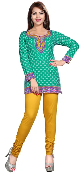 Kurti Top Short Tunic Womens Printed Blouse India Clothing (Green)