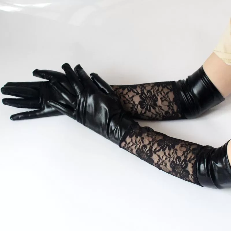 Long Patent Leather Lace Gloves with Sexy Lace Stitching for Women