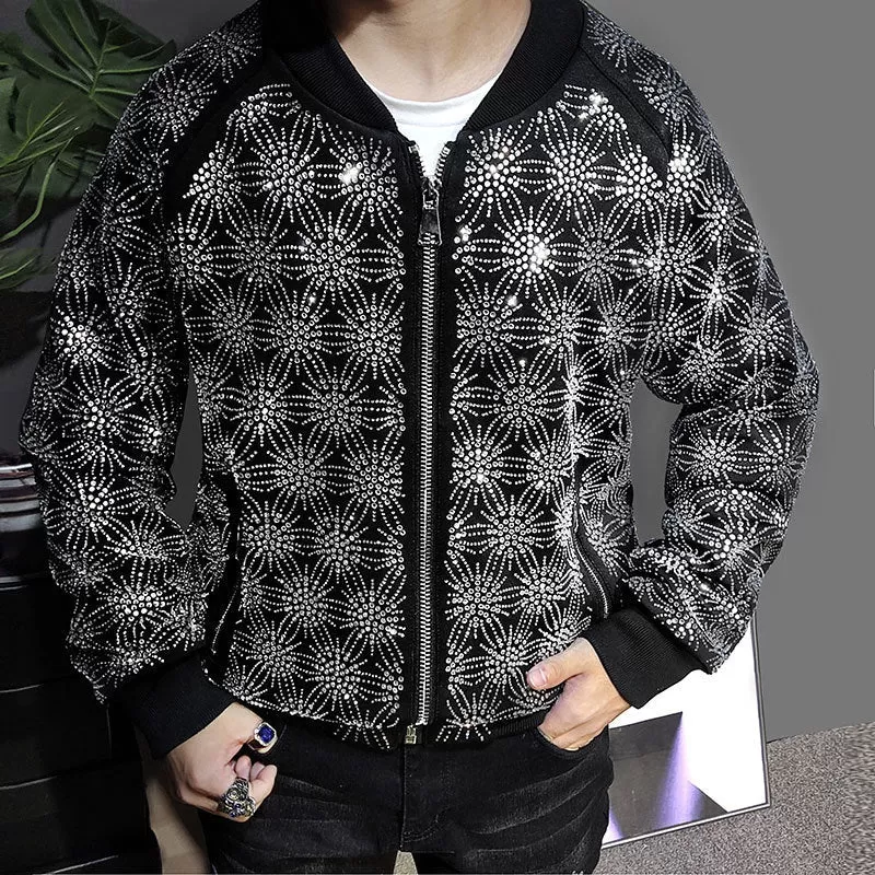 Men's Retro Luxury Rhinestone Diamond Punk Bomber Jacket Coat