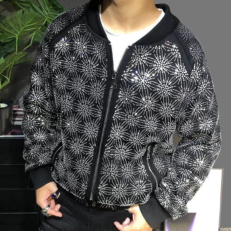 Men's Retro Luxury Rhinestone Diamond Punk Bomber Jacket Coat