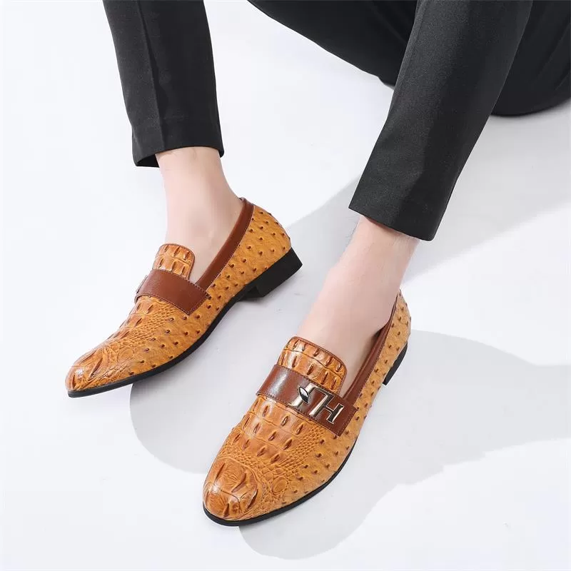 Men's Synthetic Leather Crocodile Pattern Waterproof Slip-On Dress Shoes