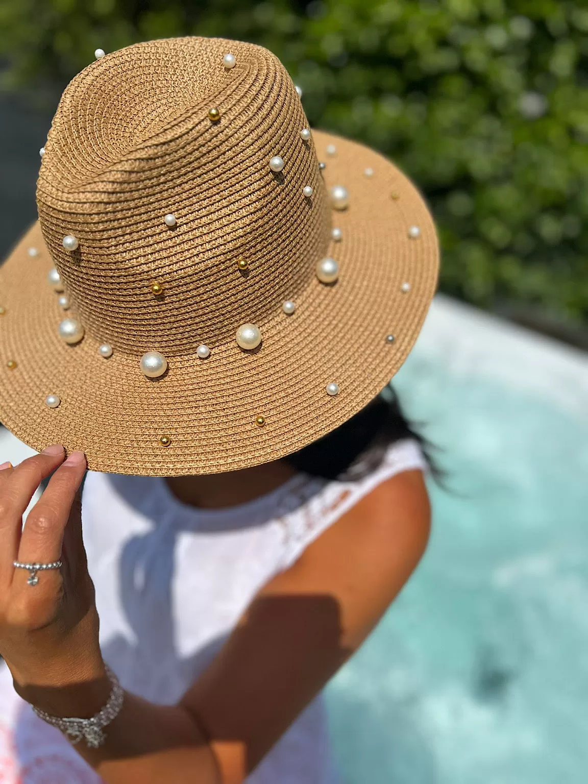 Natural Pearl Embellished Weave Hat