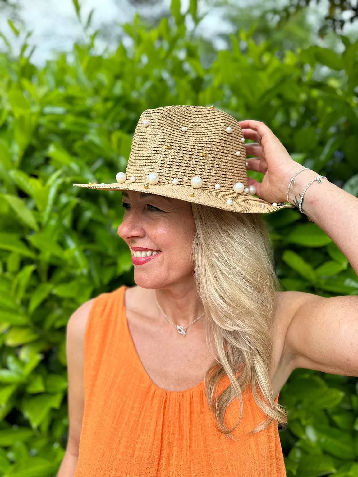 Natural Pearl Embellished Weave Hat