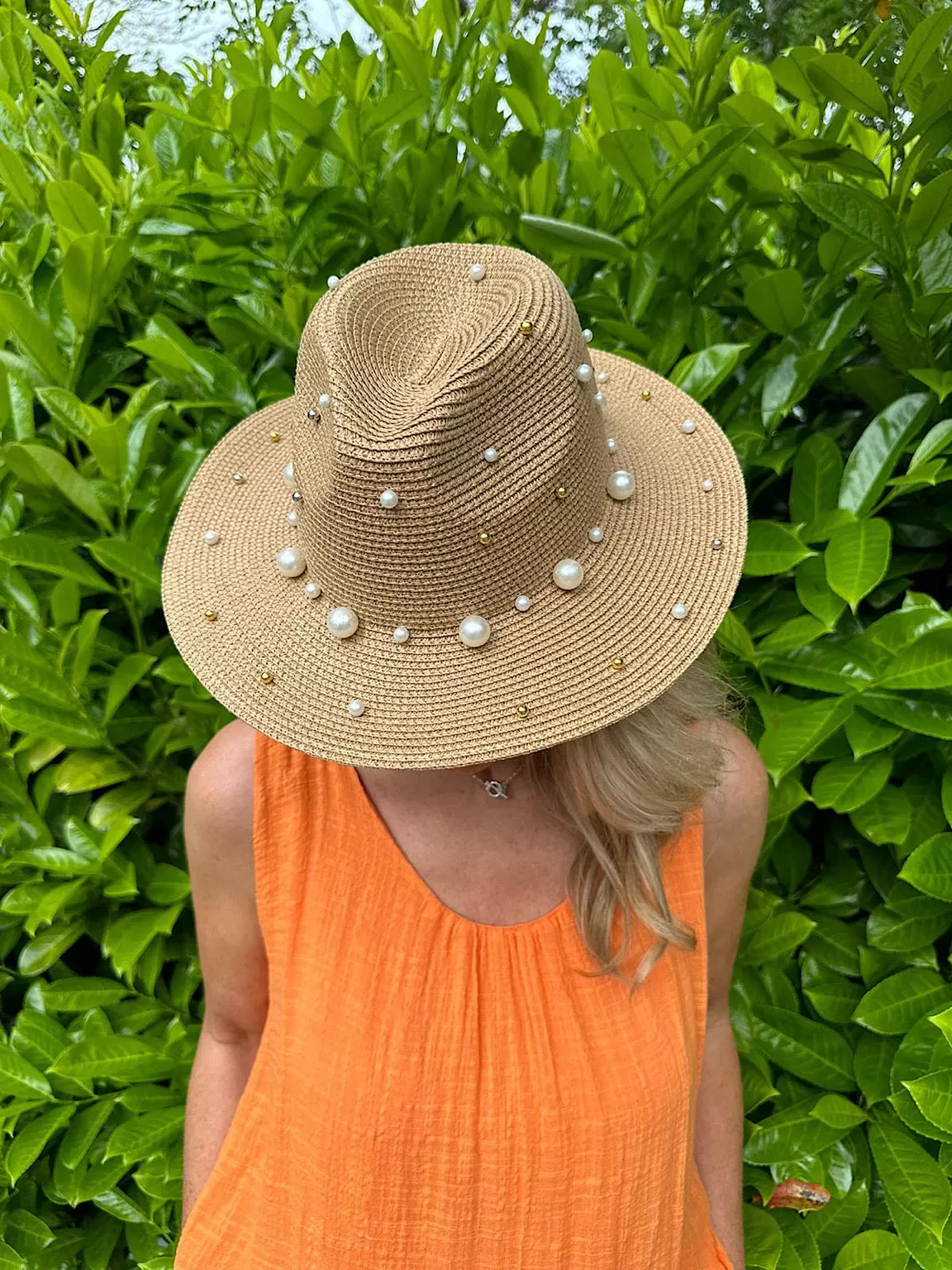 Natural Pearl Embellished Weave Hat