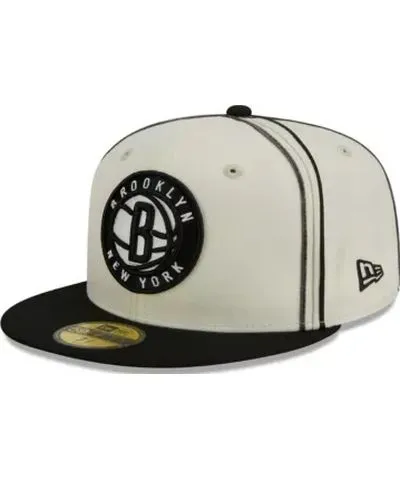 New Era Men's NBA Cream/Black Brooklyn Nets Piping 2-Tone 59FIFTY Fitted Hat