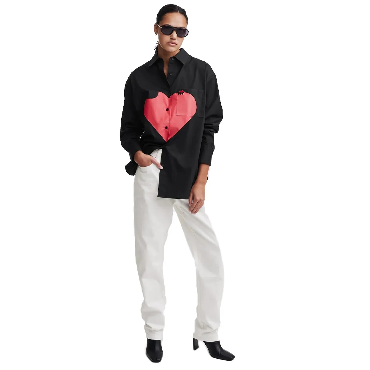 Oversized Shirt with Printed Heart -Black