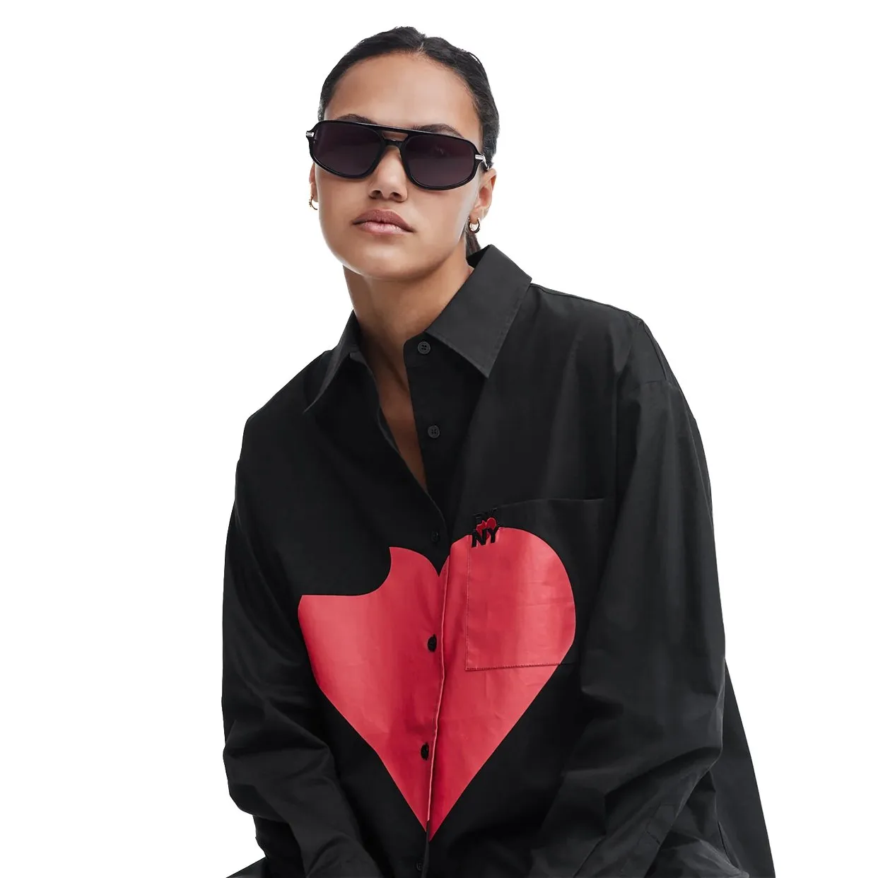 Oversized Shirt with Printed Heart -Black