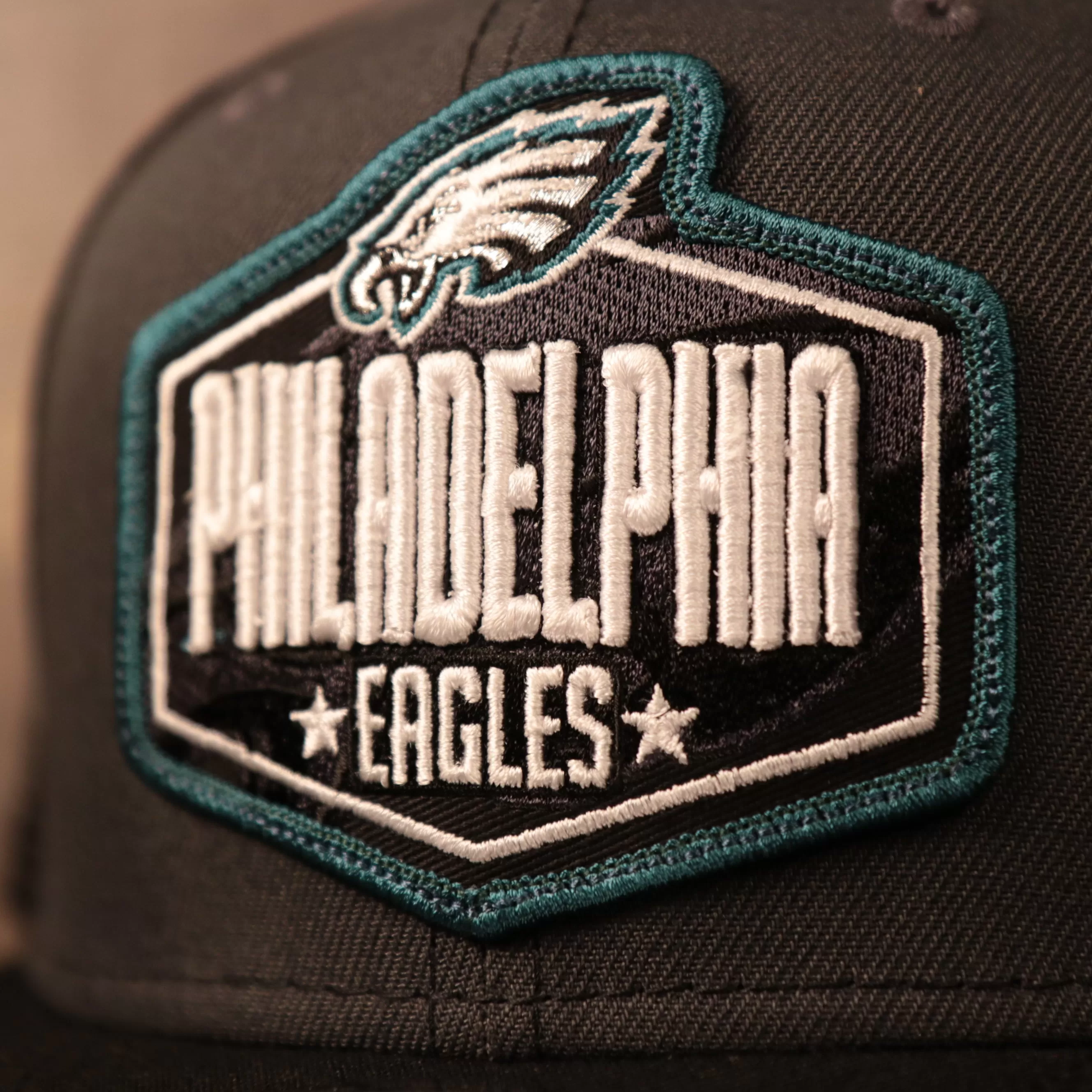 Philadelphia Eagles 2021 NFL Draft Sideline Trucker Hat | Black/Grey Mesh Snapback 9fifty On Field Adjustable Trucker Hat