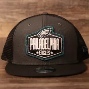 Philadelphia Eagles 2021 NFL Draft Sideline Trucker Hat | Black/Grey Mesh Snapback 9fifty On Field Adjustable Trucker Hat