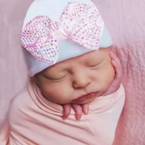 Pink Sparkle Bow Hospital Beanie