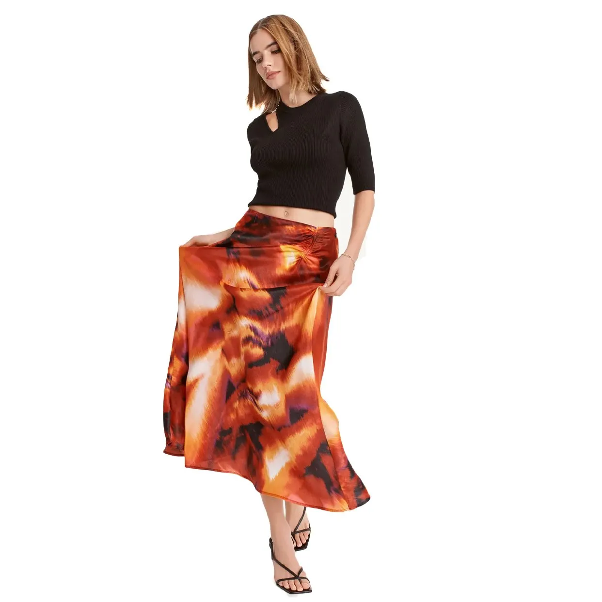 Printed Satin Ruched Maxi Skirt -Orange/Multi