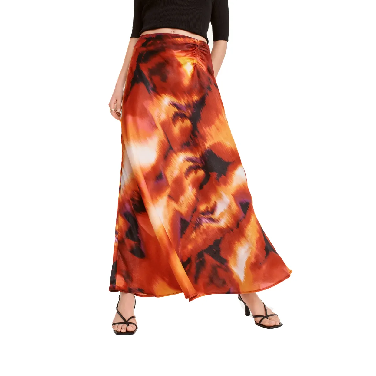 Printed Satin Ruched Maxi Skirt -Orange/Multi