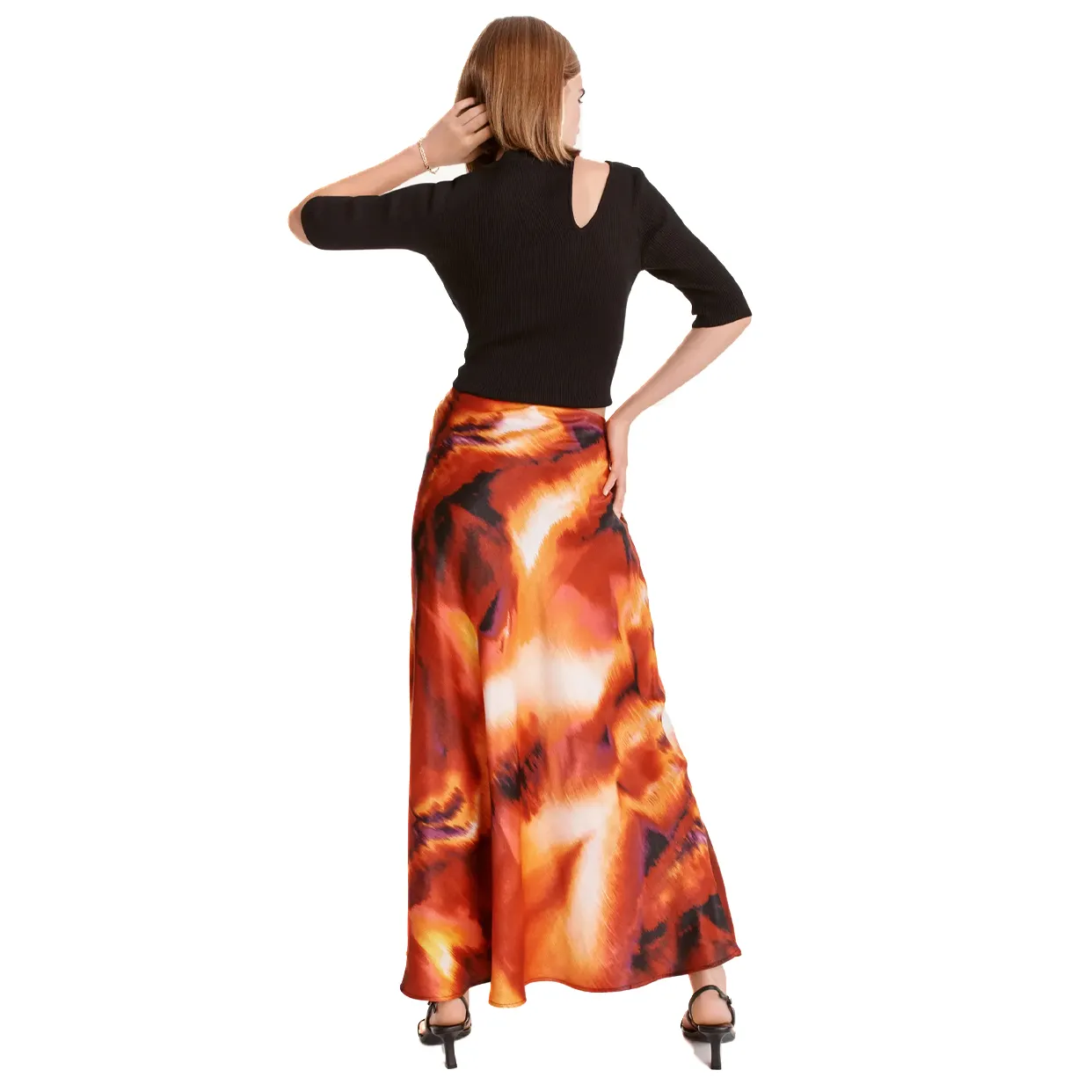 Printed Satin Ruched Maxi Skirt -Orange/Multi