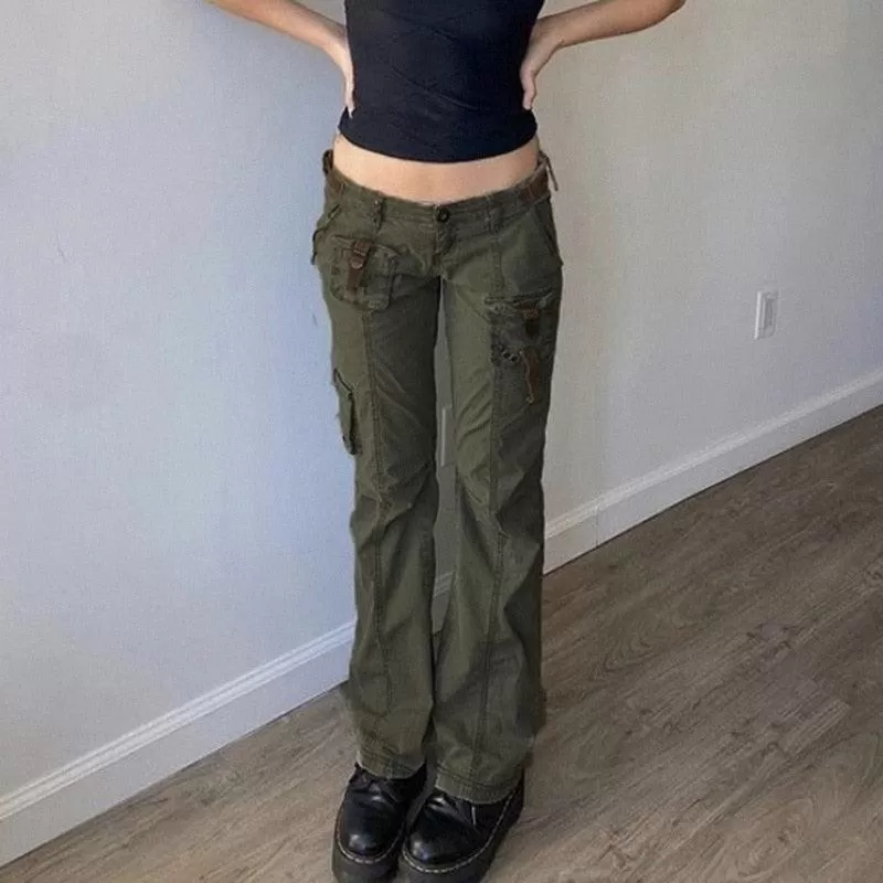 Retro Gothic Low Waist Cargo Pants with Bandage Detailing