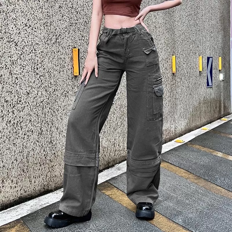 Retro Gothic Low Waist Cargo Pants with Bandage Detailing