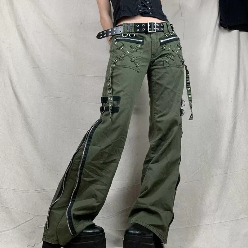 Retro Gothic Low Waist Cargo Pants with Bandage Detailing