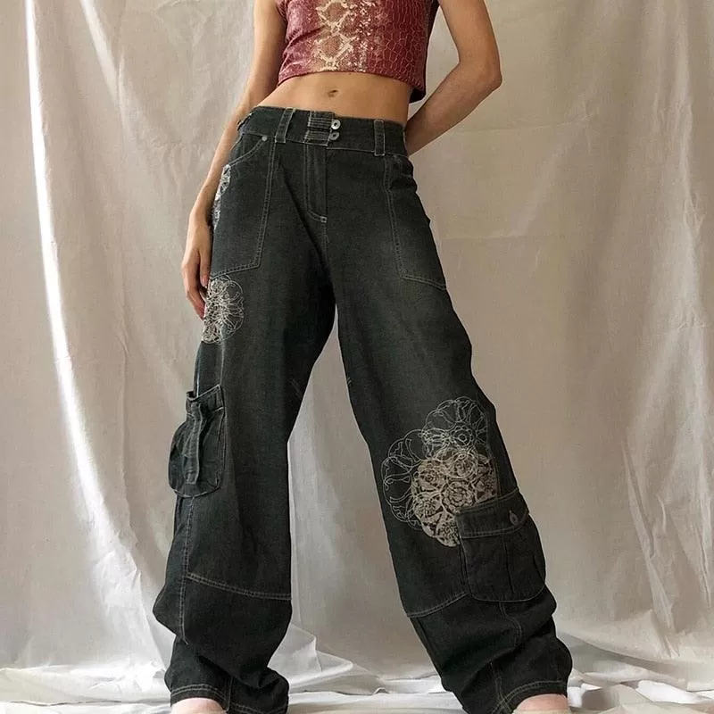 Retro Gothic Low Waist Cargo Pants with Bandage Detailing