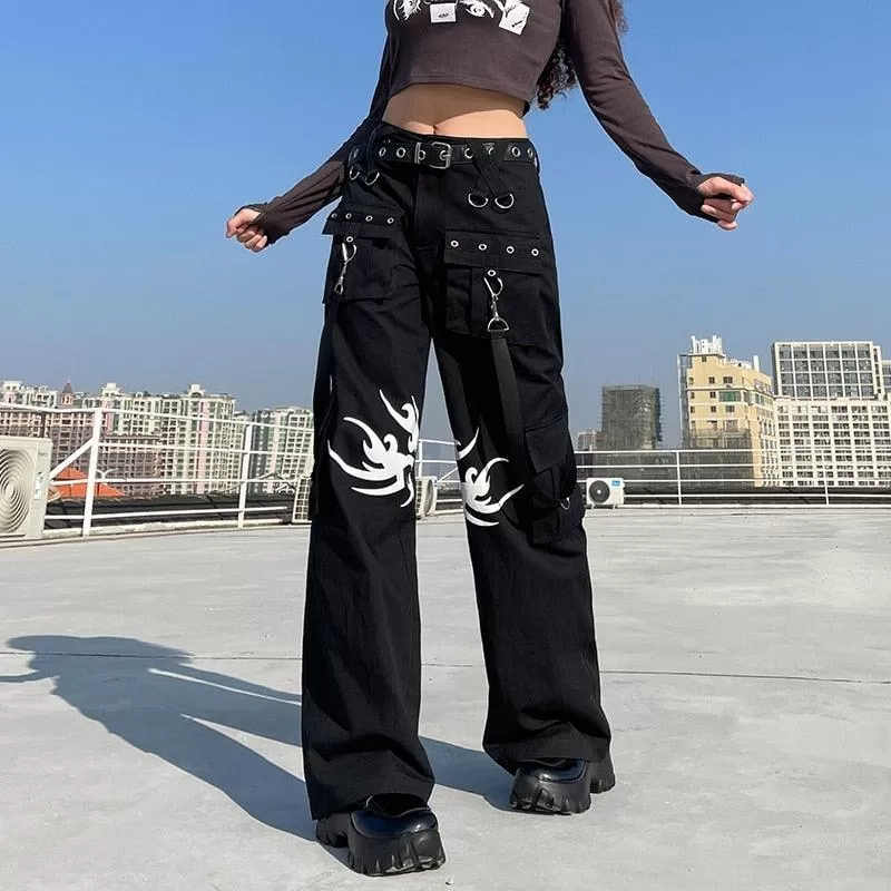 Retro Gothic Low Waist Cargo Pants with Bandage Detailing