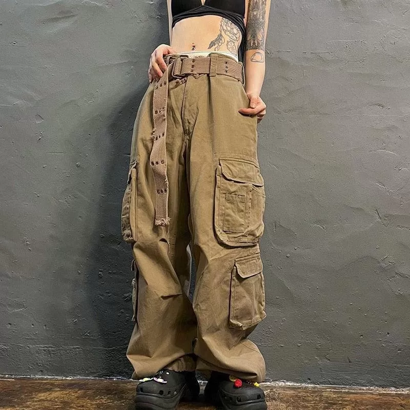 Retro Gothic Low Waist Cargo Pants with Bandage Detailing