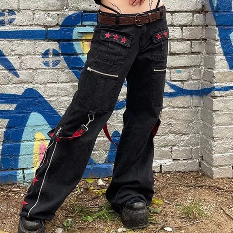 Retro Gothic Low Waist Cargo Pants with Bandage Detailing