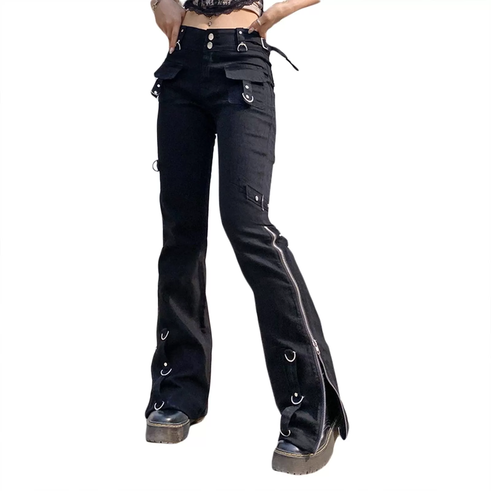 Retro Gothic Low Waist Cargo Pants with Bandage Detailing