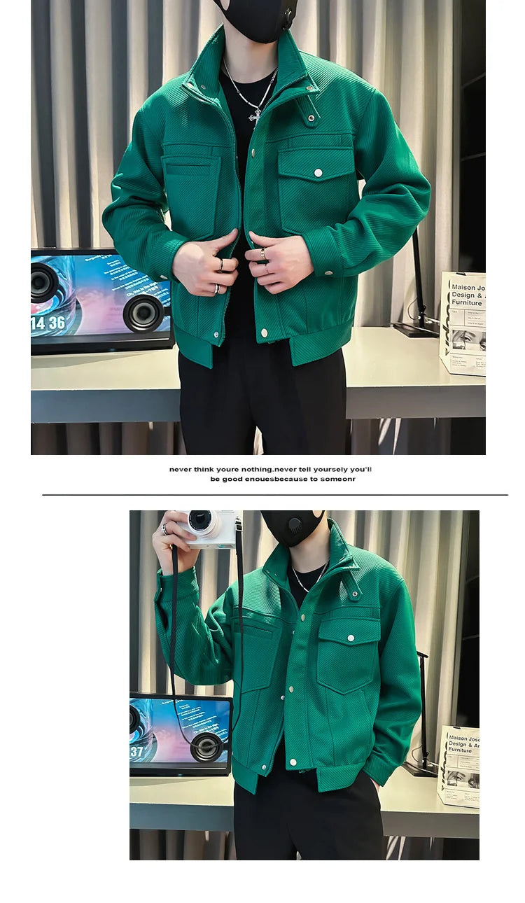 Retro Style Large Pocket Solid Color Slim Fit Streetwear Jacket for Men