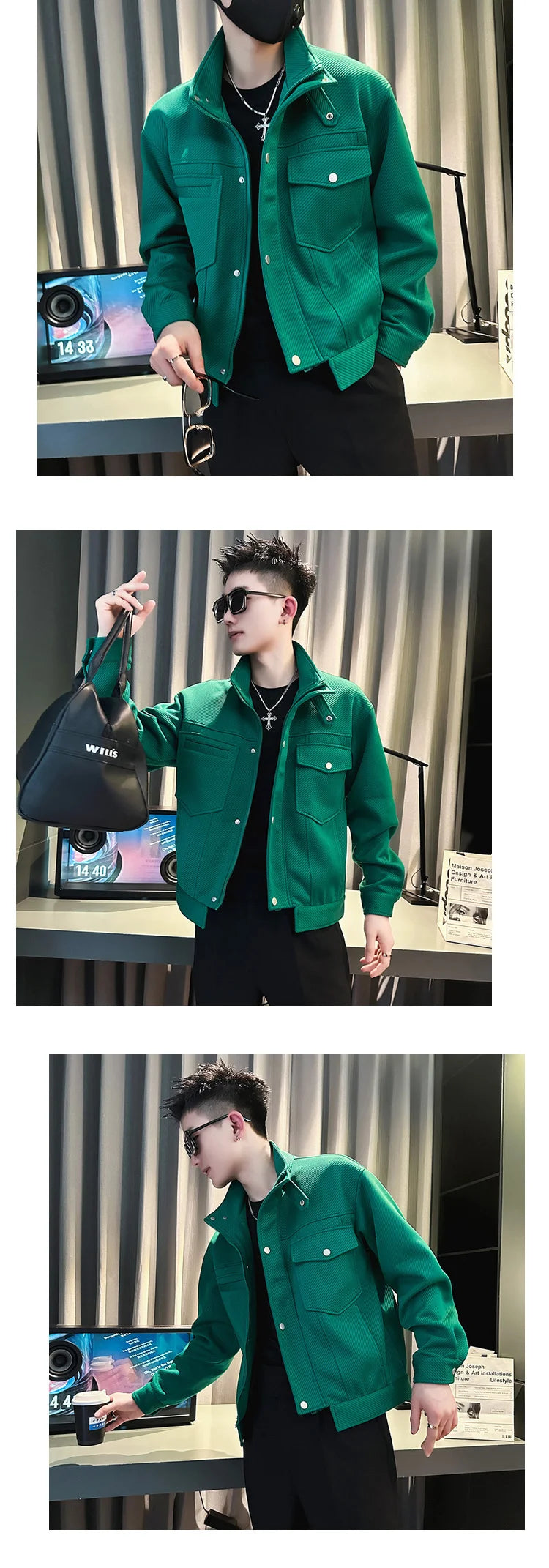 Retro Style Large Pocket Solid Color Slim Fit Streetwear Jacket for Men