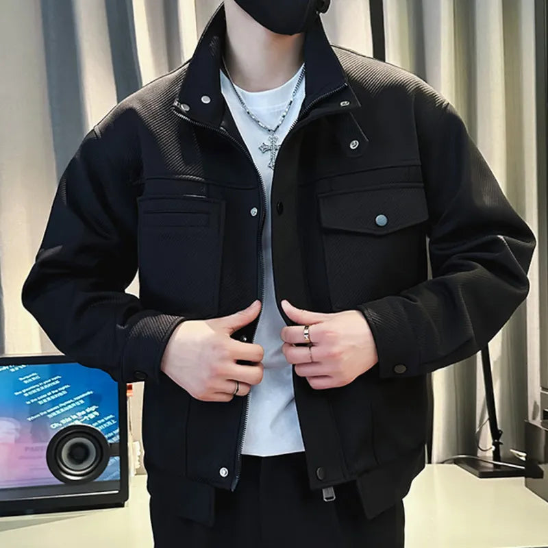 Retro Style Large Pocket Solid Color Slim Fit Streetwear Jacket for Men