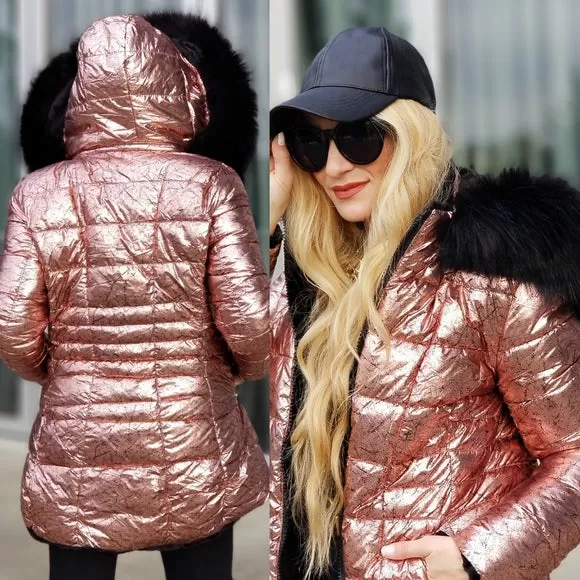 Reversible Pink Metallic Faux Fur Trim Coat