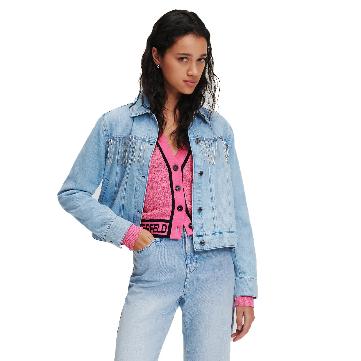 Rhinestone Embellished Karl Logo Jacket -Denim