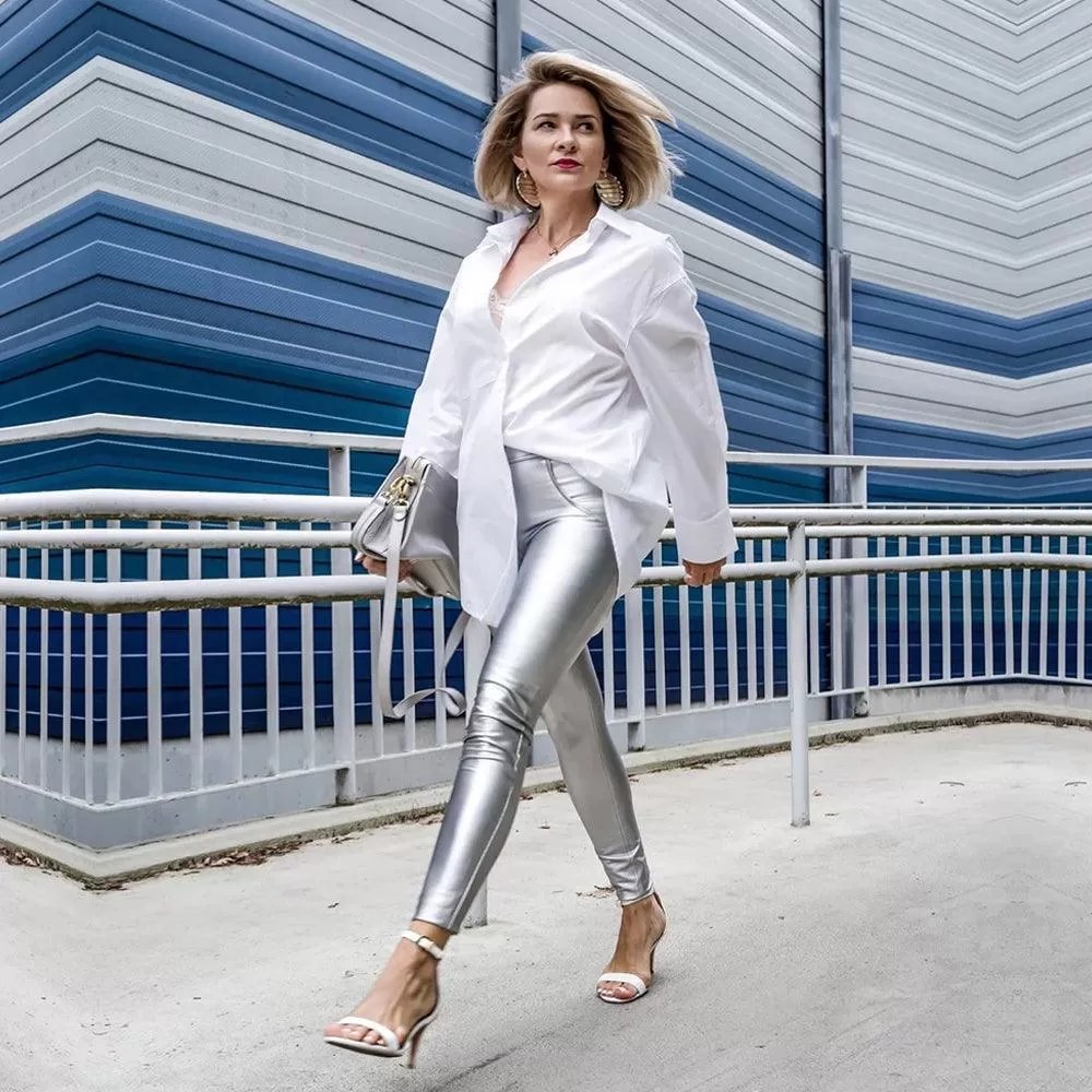 Shiny Metallic Leather Look Pants - Straight Tights Perfect for Running or Casual Wear